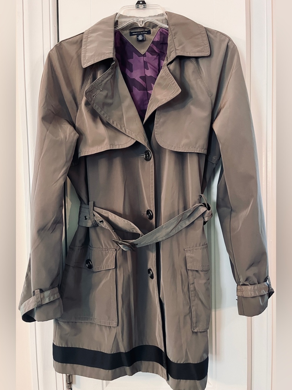 Tommy Hilfiger olive grey Trench Coat with gorgeous Purple Lining.Never worn!